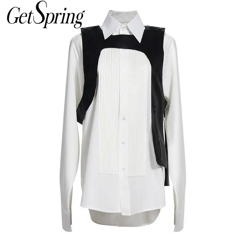 GetSpring женская блузка плиссированная рубашка хлопковая белая с длинным рукавом