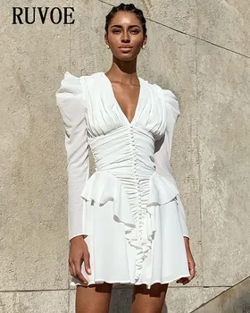 

High Quality Autumn Spring Bodycon Dress Women Long Sleeve White High Wiast Celebrity Club Party Dress Sexy V-Neck Dress Mini