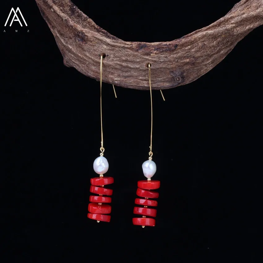 

Freshwater Baroque Pearl With 5PCS Red Coral Beads Charm Dangle Earring,Natural Coral Beads Drop Earring Girl Jewelry ZJCP-07AMF