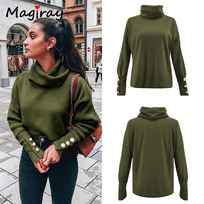 Magiray 2021 Knit Turtleneck Winter Sweater Women Button Korean Oversized Loose Pullover Ladies Jumper Streetwear Pull Femme Top | Женская