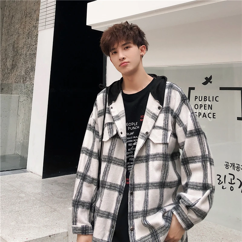 

Mens Plaid Hooded Jackets and Coats Designer Original Fashion Clothing Button Up Jacket for Men Casual Loose varsity Streetwear