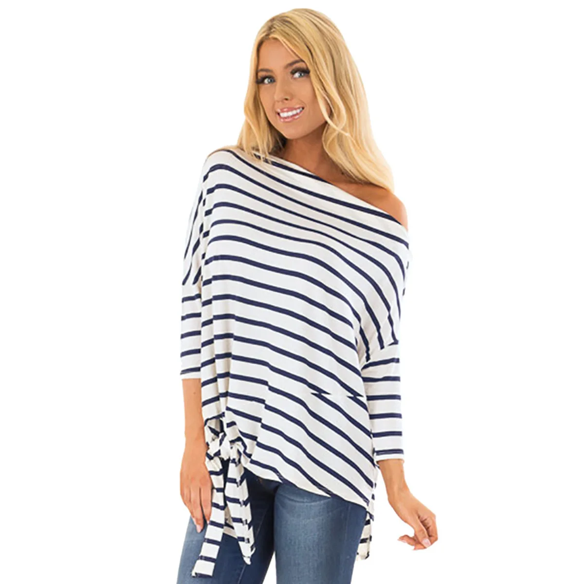 

Khoshtib Women's t-shirt New striped shoulder bat sleeve loose casual T-shirt fashion casual top