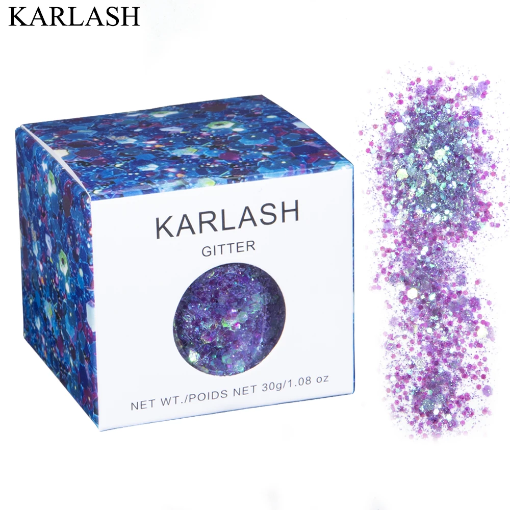 

KARLASH 30 г блеск для ногтей, смешанный голографический объемный блеск, косметика, лазер, пурпурные материалы для ногтей, пудра для украшения ногтей