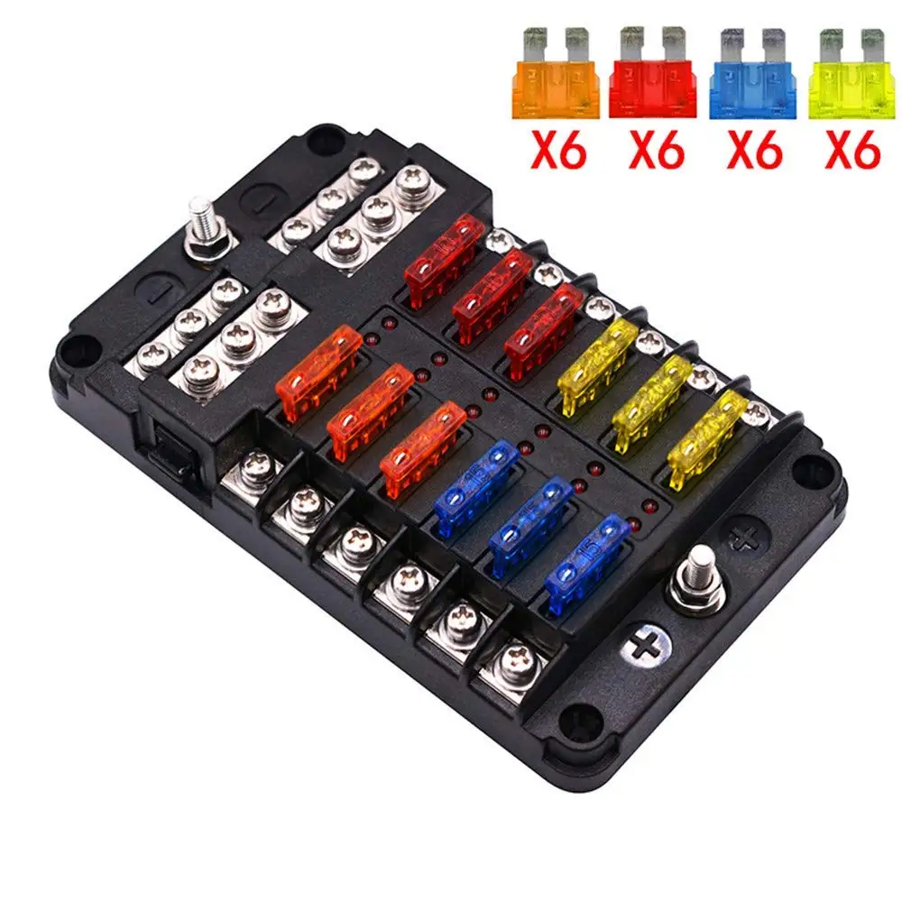 6 Way/12 Way Blade Fuse Block With Atc/ato Fuse Box Holder Led Warning