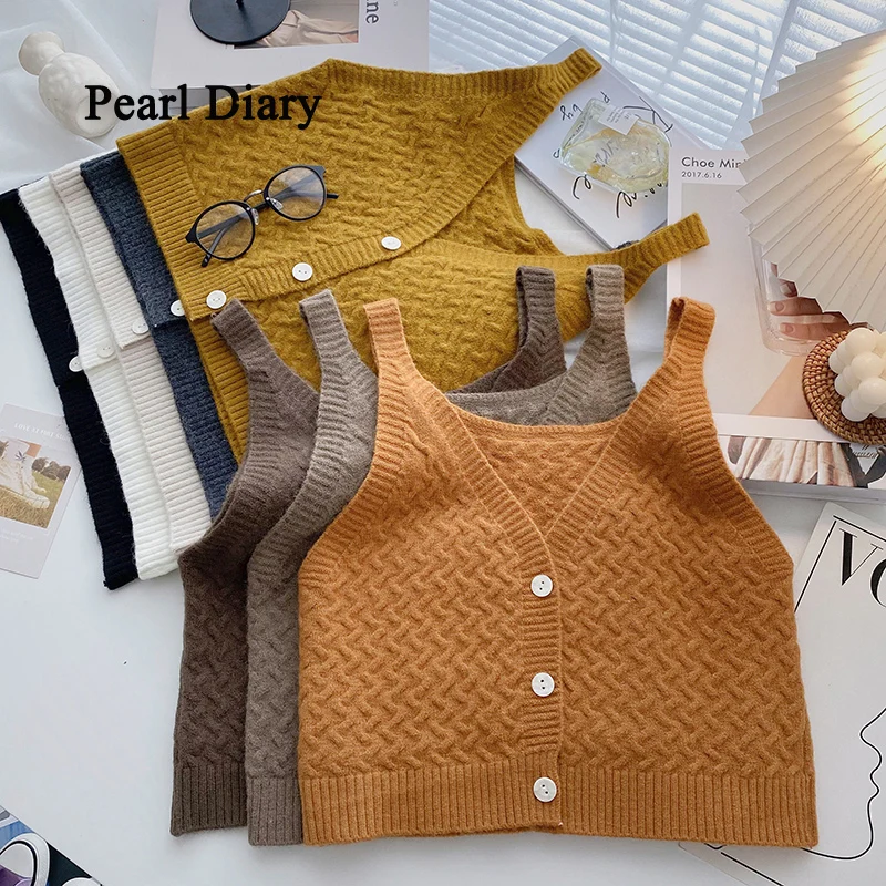 

Pearl Diary Single Breasted V-Neck Solid Color Short Women's T-Shirt Spring Knitted Texture Vest Collocation Top Women