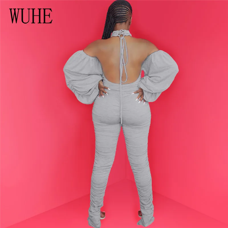 

WUHE Sexy Open Back Ruched Rompers Womens Jumpsuit Lantern Sleeve Backless Bandage Stacked Leggings Bodycon Club Party Bodysuits