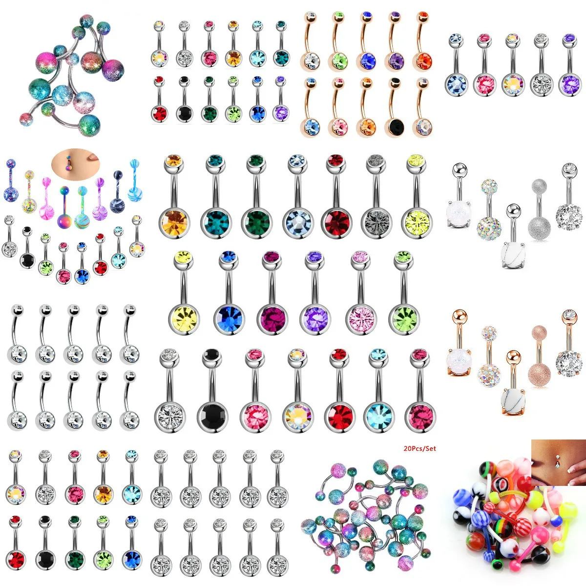 Belly Button Rings Drperfect 6-Piece Set - Stainless Steel CZ Dangle Navel Piercing Jewelry 14G Belly Rings