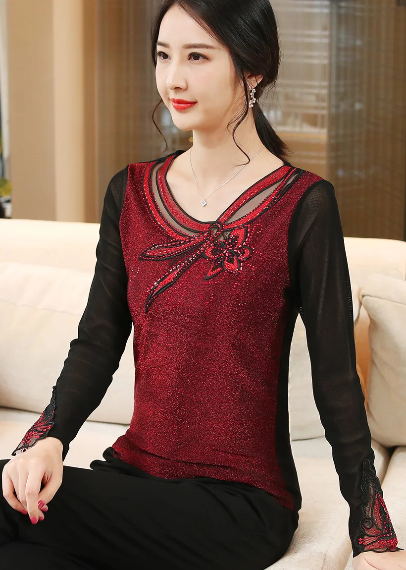 Blusas mujer de moda, осенне-зимняя блузка с длинными рукавами, Женские топы и рубашки, элегантная тонкая женская блузка с бриллиантами, большие размеры