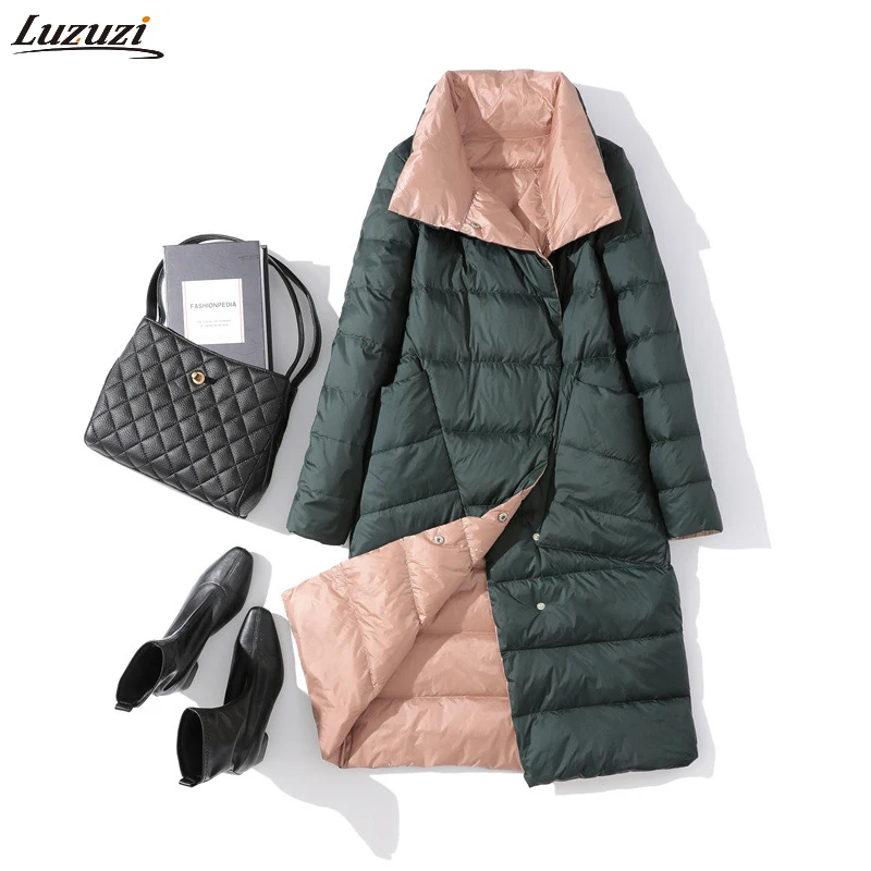 Precio reducido Luzuzi-Chaqueta de plumón de doble cara con cuello alto para mujer, Parkas largas acolchadas cálidas con doble botonadura de plumón de pato blanco para invierno ezYoMXWb6XR