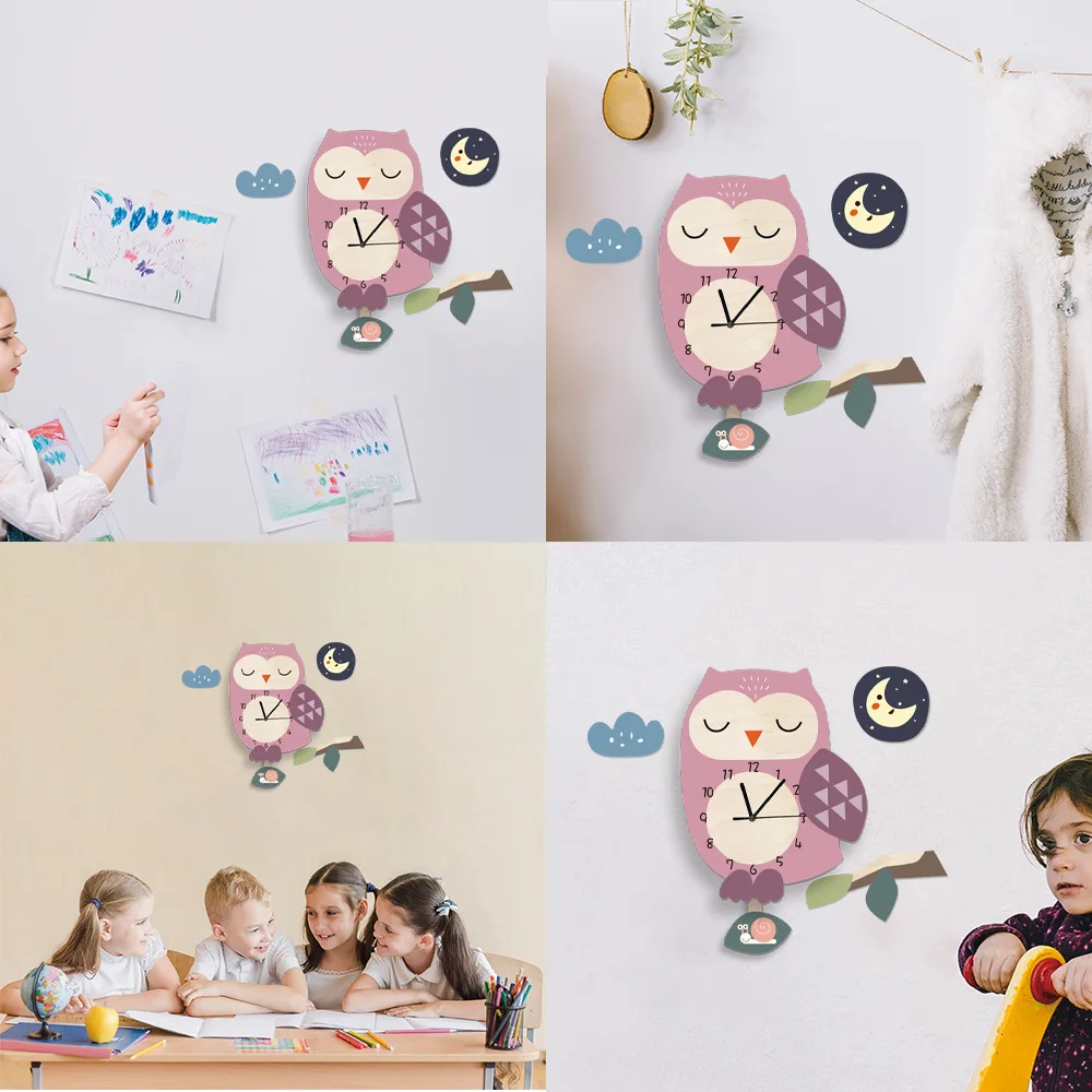 DIY Cartoon Animals Wall Clock Dinosaur Alligator Owl Wall Sticker For Children Room Kindergarten Home Decals DIY Pendulum Watch