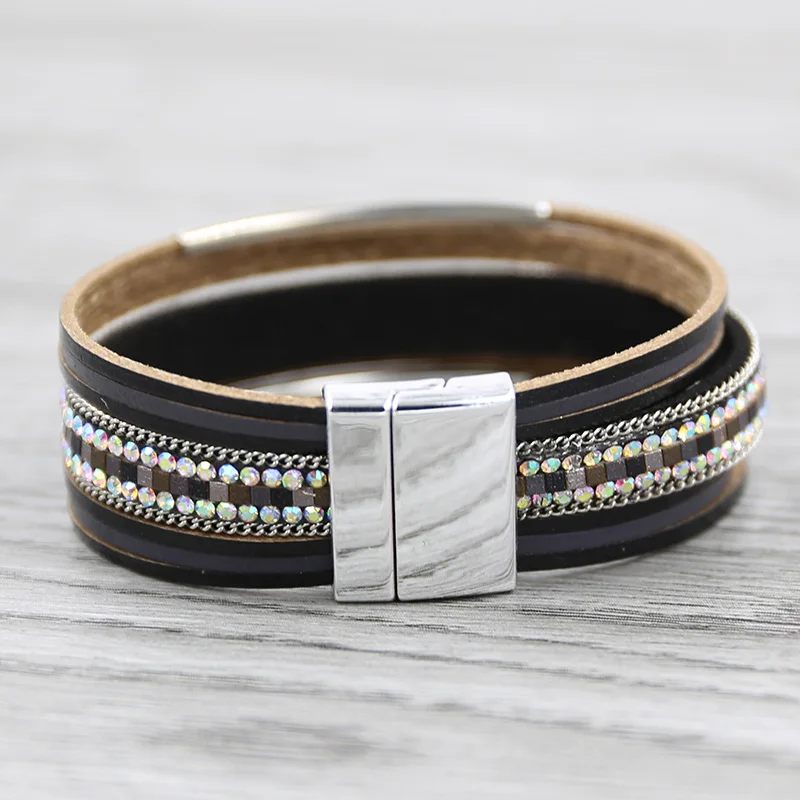Многослойный браслет из кожи и нержавеющей стали винтажные стразы ...