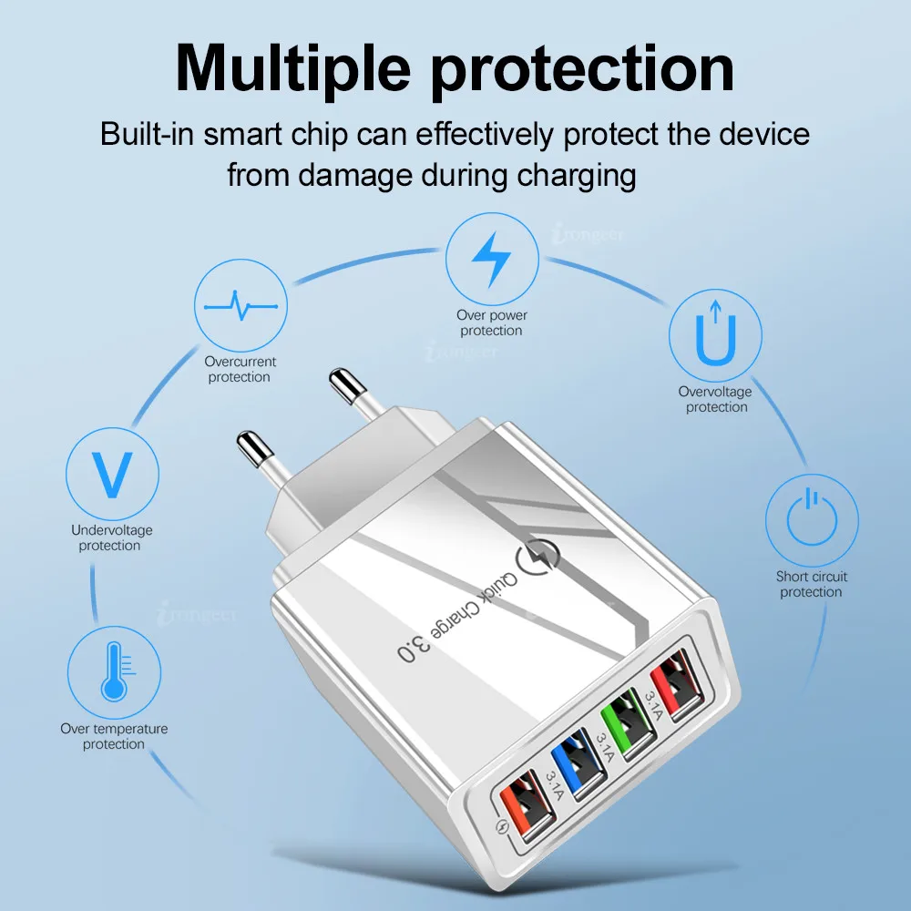 Быстрая зарядка 3,0 4,0 USB зарядное устройство 4 порта 3.1A QC3.0 Быстрая зарядка EU/US зарядное устройство для мобильного телефона s для iPhone samsung Xiaomi Tablet