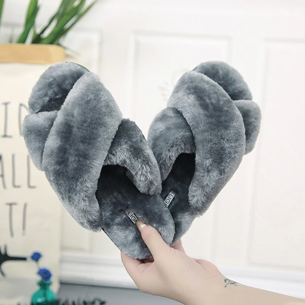 Gray Slippers Women Slippers Indoor Shoes Winter Soft Home Slippers Plush Warm Non-slip Fur Shoes Flat Casual Female - Цвет: Gray Slippers