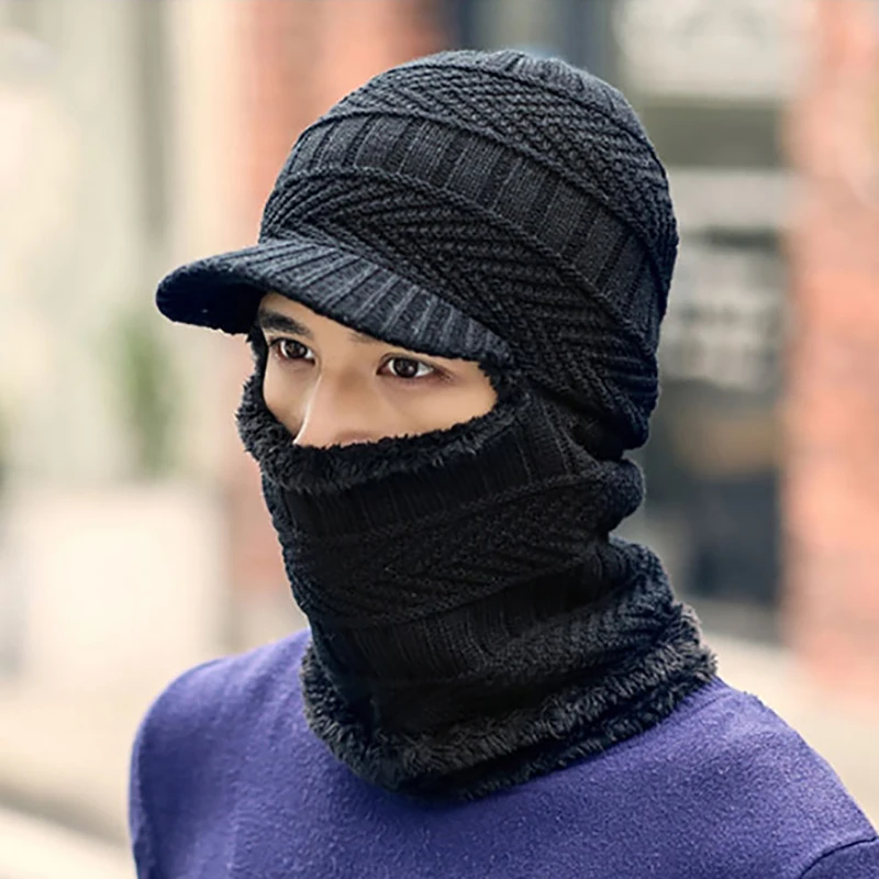Черный Зимняя шапка, шарф, Skullies Beanies для мужчин, вязаная шапка, женская маска, толстая Балаклава, ушанка, шерстяной берет, мужская шапка, шапка - Цвет: Черный
