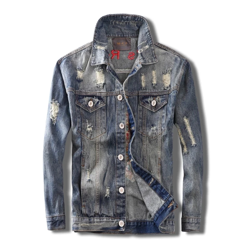 Men's Denim Jacket Spring Autumn Skull Embroidery Designer Punk Style Ripped Outwears Embroidery Retro Washed Denim Coat Rock fashion designer men jeans retro stretch slim fit painted ripped jeans men korean style vintage casual denim pants streetwear