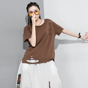 

2020 Summer Round Neck Ripped Design Hole T-shirt Cool Solid Color Short Sleeve Tops Cotton Pullovers Female Newest 6Colors