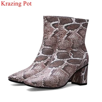 

Krazing pot print zipper high heels elegant square toe big size ankle boots keep warm mixed colors dating party winter shoes L35