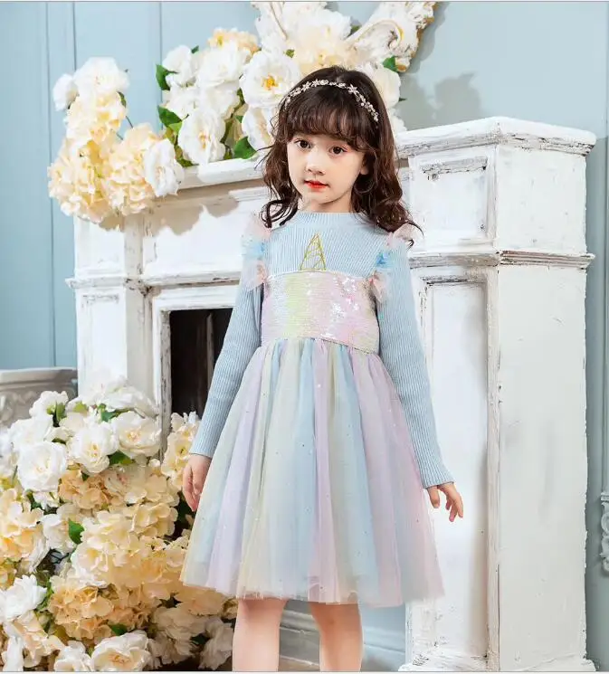 Г. Новые зимние детские вязаные платья с длинными рукавами, расшитые блестками, с изображением единорога Милая одежда принцессы для девочек 5 шт./партия