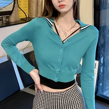 

2022 Spring New Fashion Women Knititng Cardigan Patchwork Button Short Sweaters Femme Sailor Collar Slim Casual Knitwear Female
