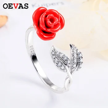 

Creative 925 Sterling silver Red rose rings for women Top quality AAA CZ Real S925 silver Wedding Engagement party jewelry Gifts