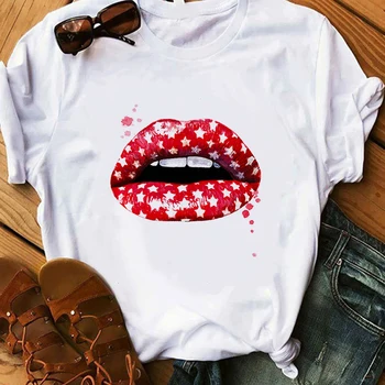 

Red Lipstick Print T Shirt Women Perfumer Floral T-Shirts Girl Summer Shirt Lady Casual Sexy Lip T-shirt Female Top