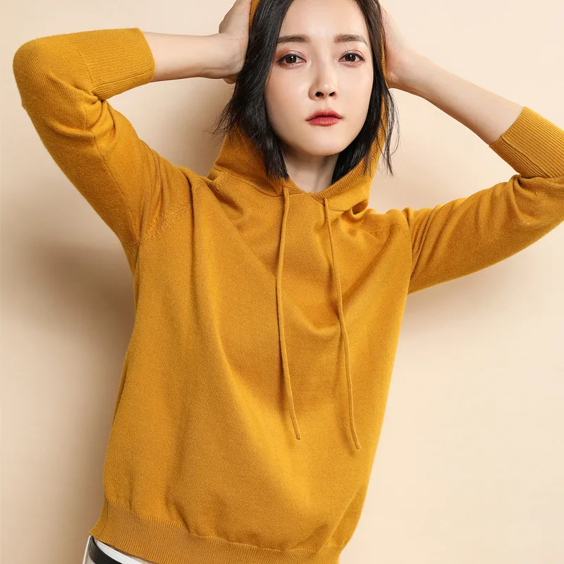 2019 весенний свитер с капюшоном зимние повседневные женские пуловеры корейские вязальные Джемперы ярких цветов желтые вязаные