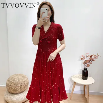 

TVVOVVIN 2020 Summer New Dress Patchwork Solid Print Empire Pleated Casual Large Size Loose Double Breasted Womens Bouncy A473