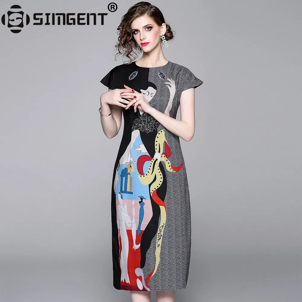 

Simgent Women Dress Elegant Summer Ladies Short Sleeve Printing Midi Dress Woman Clothing Vestidos Robe Femme Jurken SG98261
