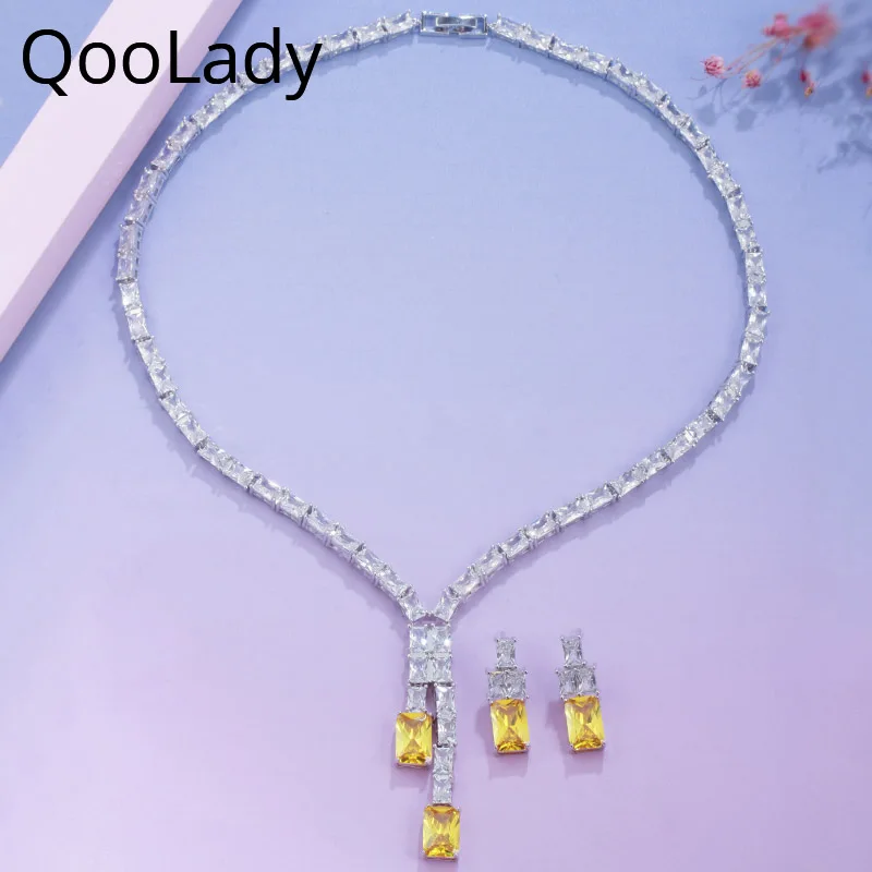 QooLady Temperament Square Cut Yellow Cubic Zirconia Stone Long Necklace Pendant and Earring for Bridal Wedding Jewelry Set Z035