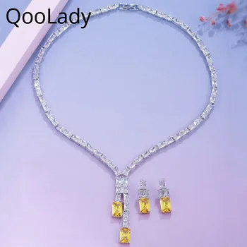

QooLady Temperament Square Cut Yellow Cubic Zirconia Stone Long Necklace Pendant and Earring for Bridal Wedding Jewelry Set Z035