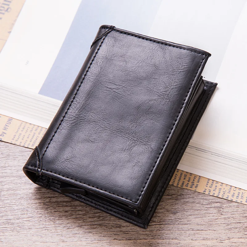DIENQI мужской деловой кожаный держатель для карт металлический RFID карта Защита сумка для денег большая емкость карман для карт винтажный держатель для кредитных карт - Цвет: Black