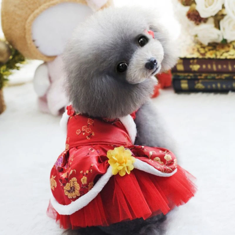 Шелковое платье принцессы для питомцев Одежда в китайском стиле для собак и кошек новогодний костюм в стиле Тан юбка-пачка осенне-зимняя теплая одежда для девочек - Цвет: Красный