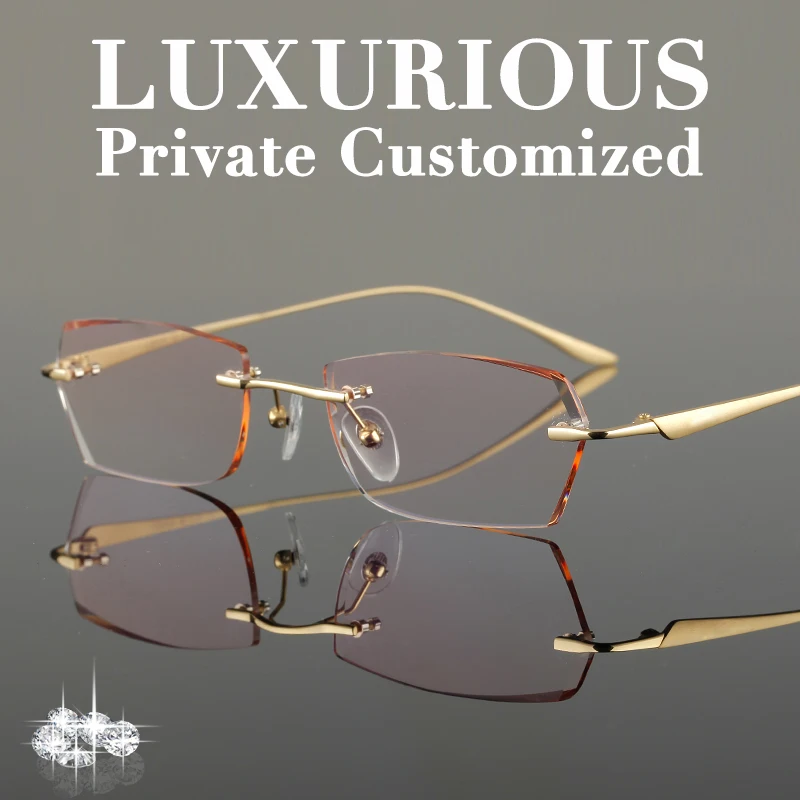 Titanium Gold Glasses Frames Men Rhinestone Eyeglass Frame Ti Luxurious High Clear Lens Anti-reflective Prescription Glasses 650