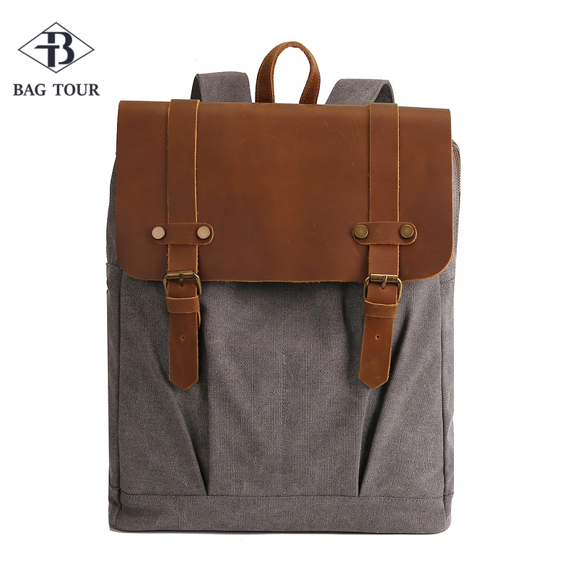 

Crazy Horse Leather Canvas Button Cover Backpacks Girl Women Vintage Fashion Style College University Bags Mochila Unique Brand
