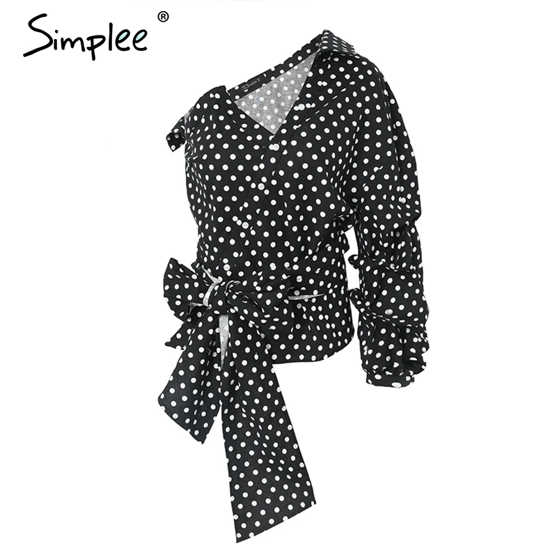 Женская белая блузка Simplee с открытым плечом женская в горошек поясом и длинным