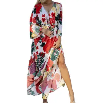 

Women Tropical Floral Swimsuit Cover Up Sexy Side Split Maxi Long Beach Cardigan
