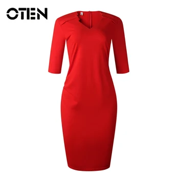 

OTEN Fashion Work Office 2019 Autumn Split Women Dress Solid Color V-Neck Bodycon Party Red Elegant Femme Robe Sexy Pencil S-3XL