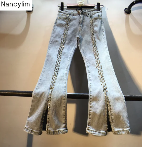 Autumn Vintage Denim Pants Woman Euro New Heavy Drill Rhinestone Diamond High Waist Slim Pencil Pants Jeans Girls Students