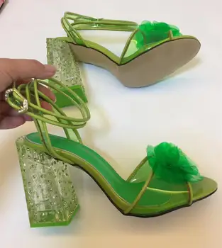 

2019 Summer Women Fashion floral high heeled sandals Chic transparent heel ankle strap high heeled shoes EU35-42 size BY711