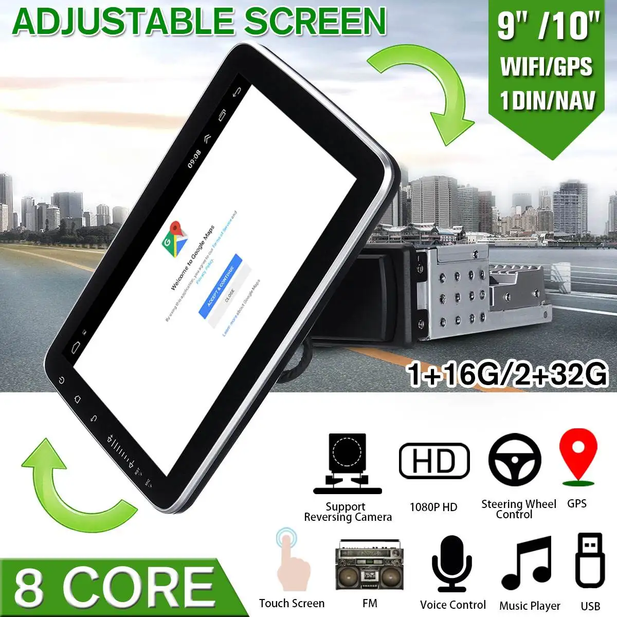 

9/10 Inch Car Multimedia Player 8 Core 16/32G for Android 8.0/8.1 with 360 Degree Rotatable Screen GPS WiFi Radio Player
