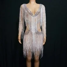 Новинка, платье с длинным рукавом, украшенное бриллиантами, платье с бахромой, женское сексуальное стрейчевое платье, короткое платье, танцевальные костюмы для бара, платье с кисточками, DQS3250