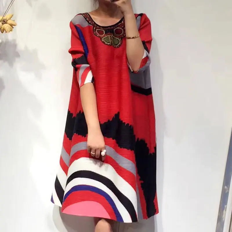 

[DEAT] 2019 Summer New Patter Office Lady Style Three Quarter Sleeve Rainbow Print Loose Slim All-Match Round Collar Dress AI004