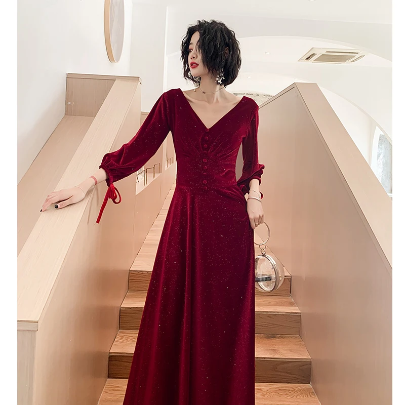 Это Yiiya вечерние платья с рукавом три четверти вечернее платье с v-образным вырезом Длинное нарядное платье бордового цвета размера плюс robe de soiree LF017