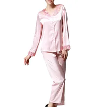JAYCOSIN Женская одежда для сна Осенняя шелковая кружевная однотонная женская пижама комплекты атласная пижама на пуговицах с длинным рукавом Брюки домашний костюм