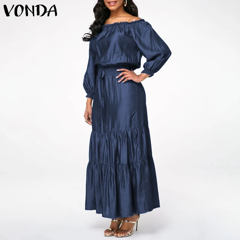 VONDA, женское платье,, рукав-фонарик, богемный стиль, сарафан, повседневное, свободное, Vestidos размера плюс, сексуальное, с открытыми плечами, макси, длинное платье, S-5XL