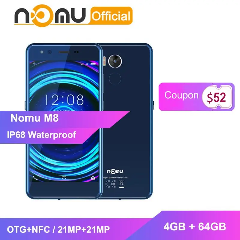 

Nomu M8 IP68 Waterproof Smartphone 4GB+64GB OTG+NFC Mobile Phone MTK6750T Octa Core 5.2''HD 21MP+21MP Selfie Softlight cellphone