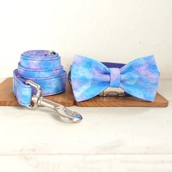 

Luxury Designer Pattern Dog Collars for Small Big Dogs Custom ID Dog Collar & Leash Set Metal Buckle Bow Tie Pet Collar Symphony