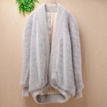 

New women female medium-long long sleeves mink Cashmere knitted rabbit fur sweater coat jackets mantel cardigans thicken