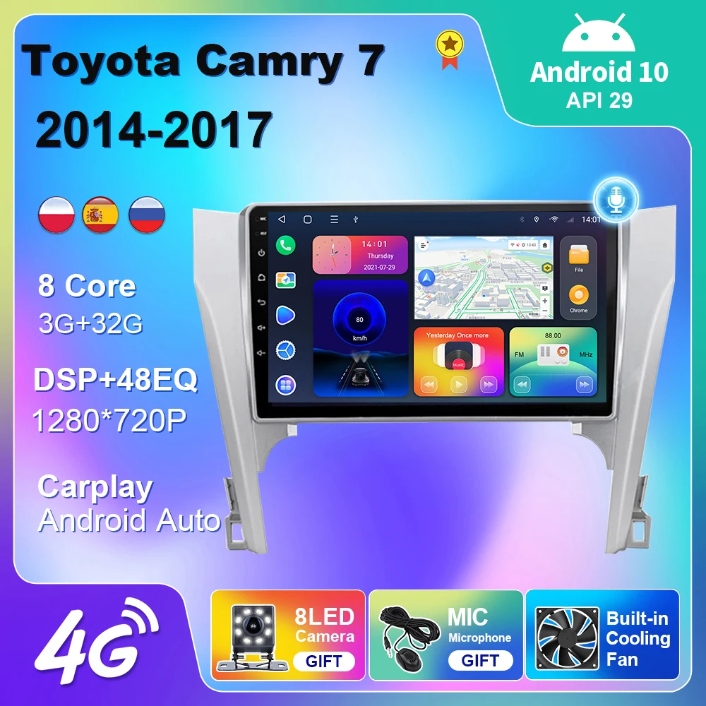 Автомагнитола для Toyota Camry 7 2014-2017 мультимедиа видео CarPlay Android 10 4G Wi-Fi навигация GPS 2din