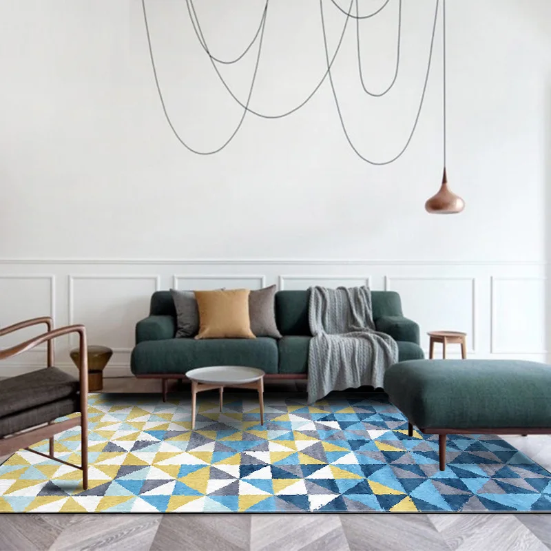 

Fashion Nordic INS abstract Blue yellow 3D geometric door mat bedroom living room home bedside mat crystal velvet carpet custom